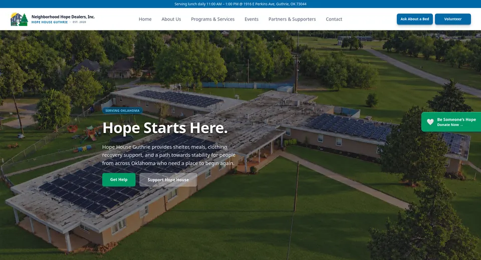 Hope House Guthrie homepage featuring an aerial view of the building and the headline Hope Starts Here.