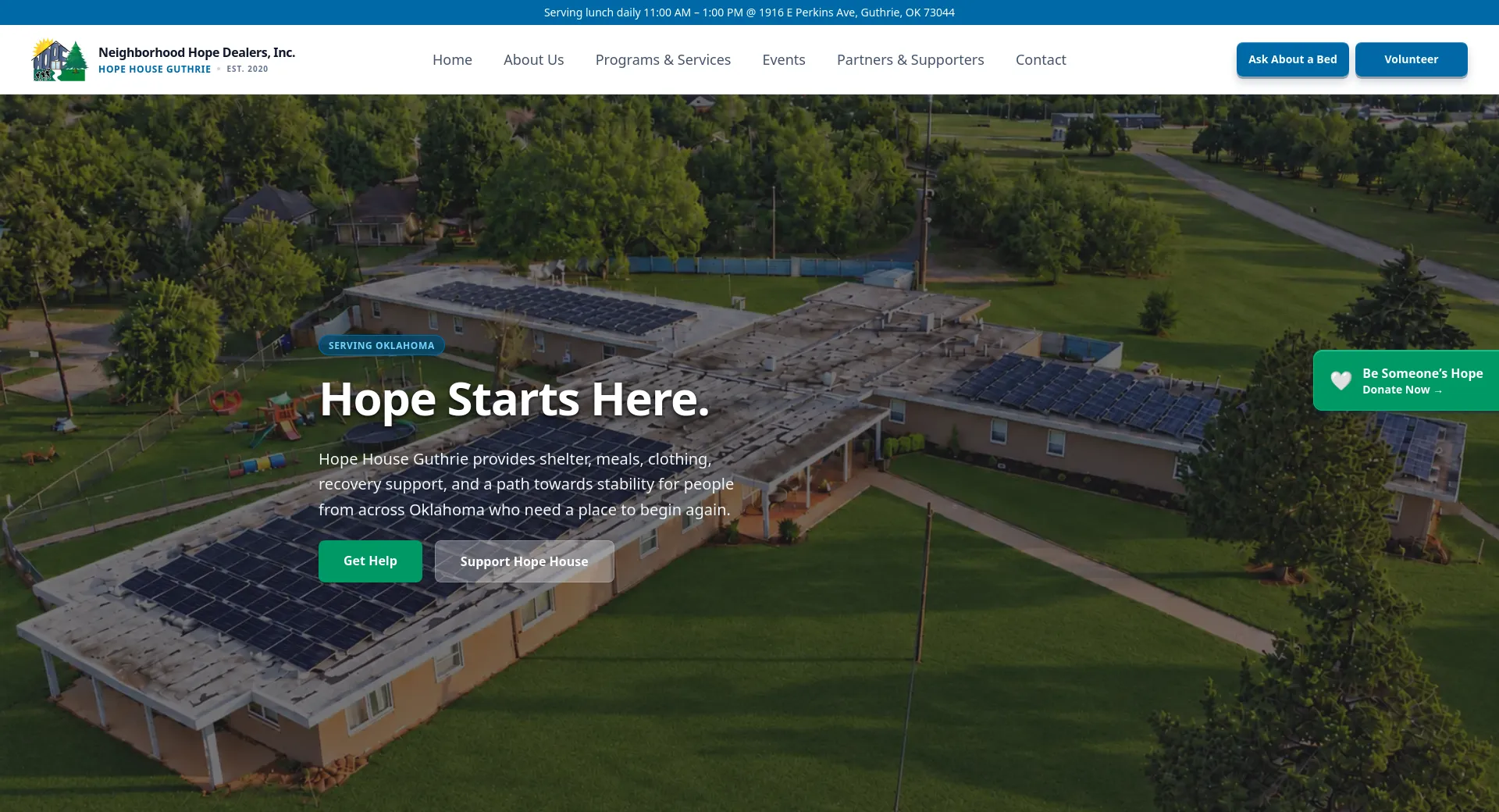Hope House Guthrie homepage featuring an aerial view of the building and the headline Hope Starts Here.