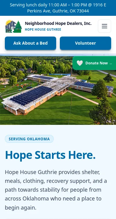 Hope House Guthrie homepage at mobile screen width.