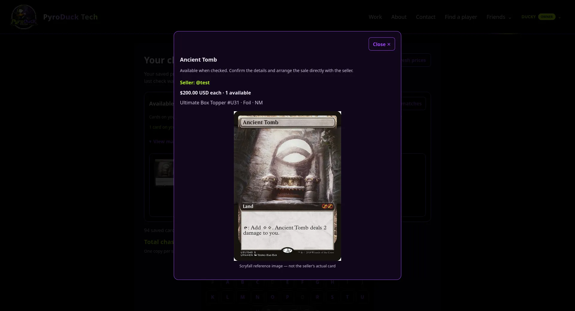 A sale listing matching a card on a BinderLink chase list.