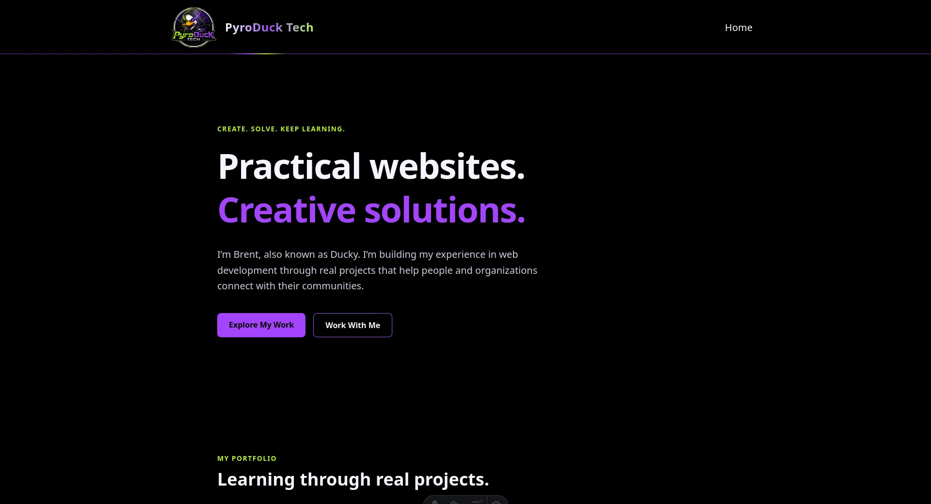 PyroDuck Tech homepage with purple and lime branding and the headline Practical websites. Creative solutions.
