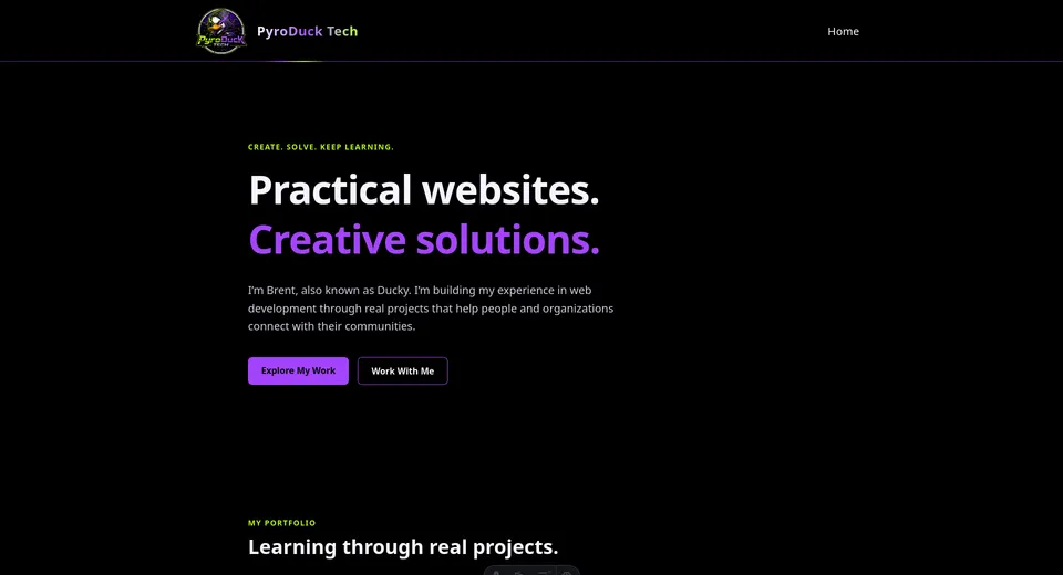 PyroDuck Tech homepage with purple and lime branding and the headline Practical websites. Creative solutions.