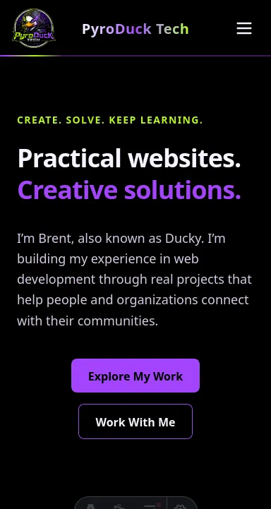 PyroDuck Tech homepage at mobile screen width.