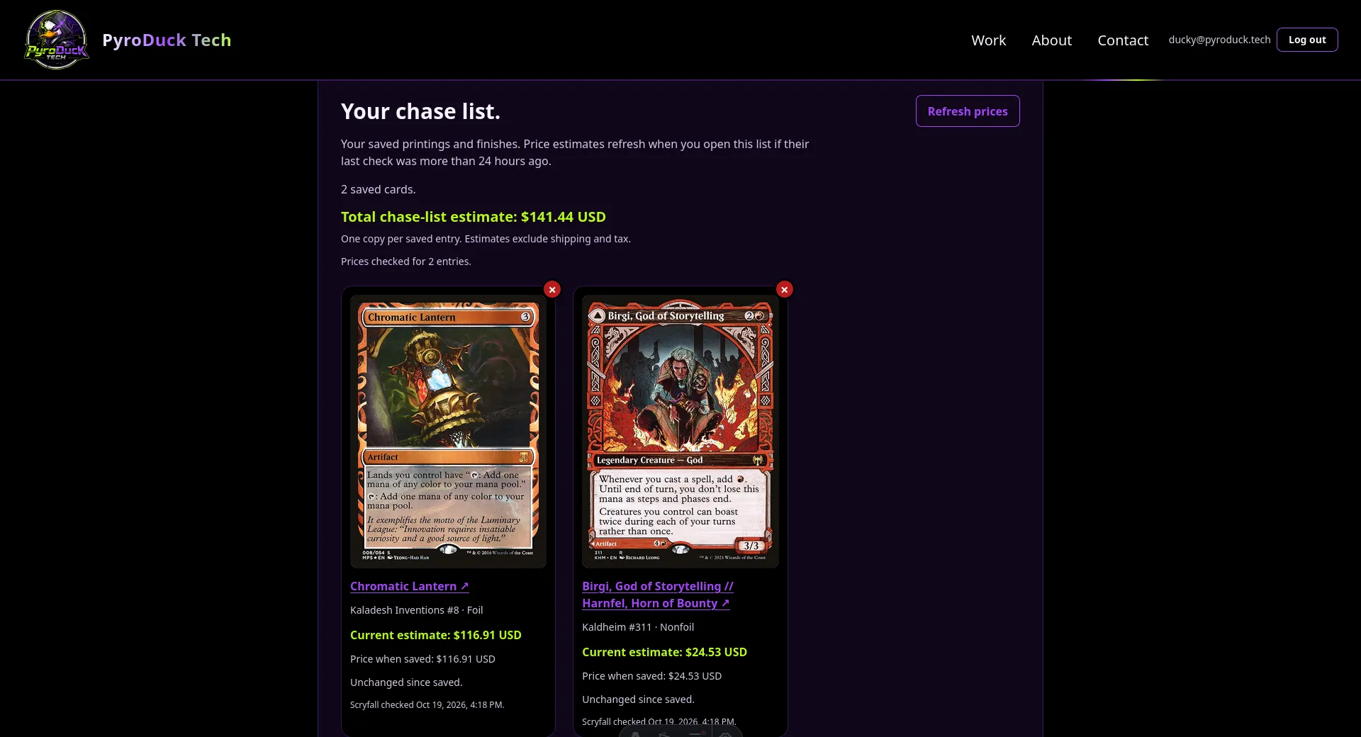BinderLink chase list showing card prices and a combined total.