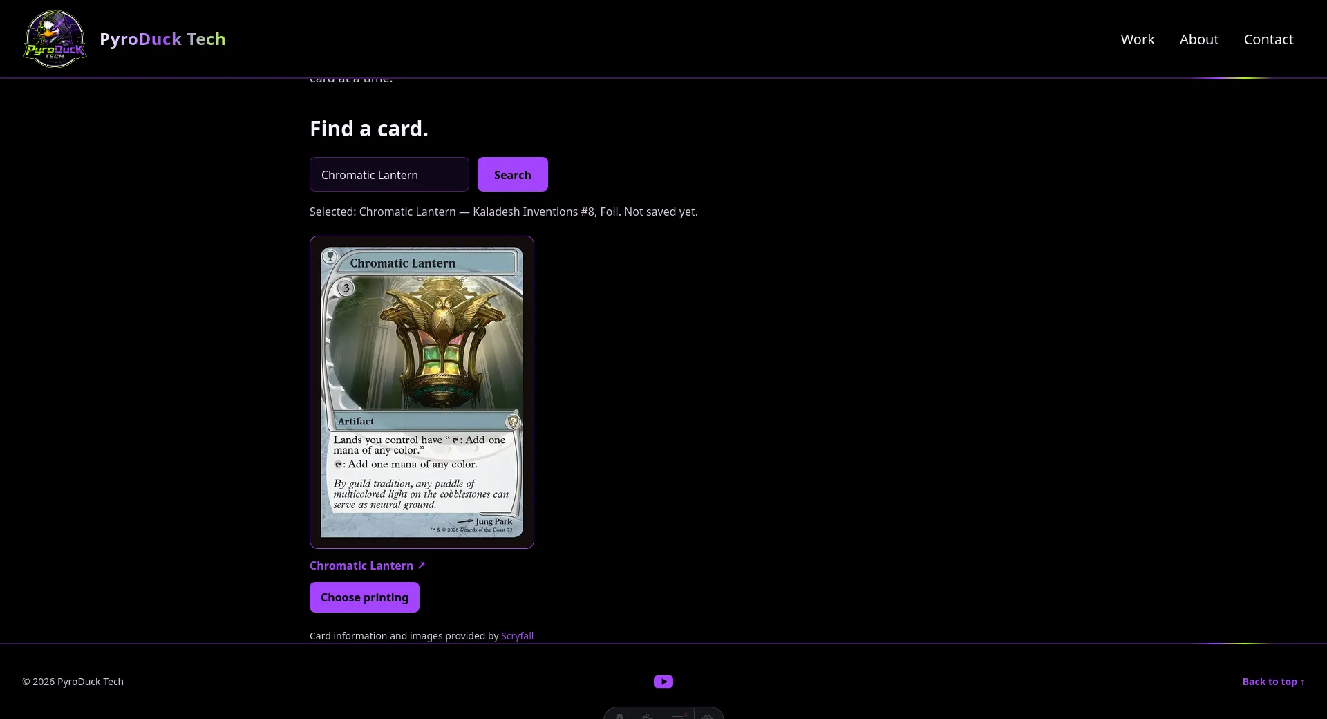 BinderLink printing picker for choosing a card version.
