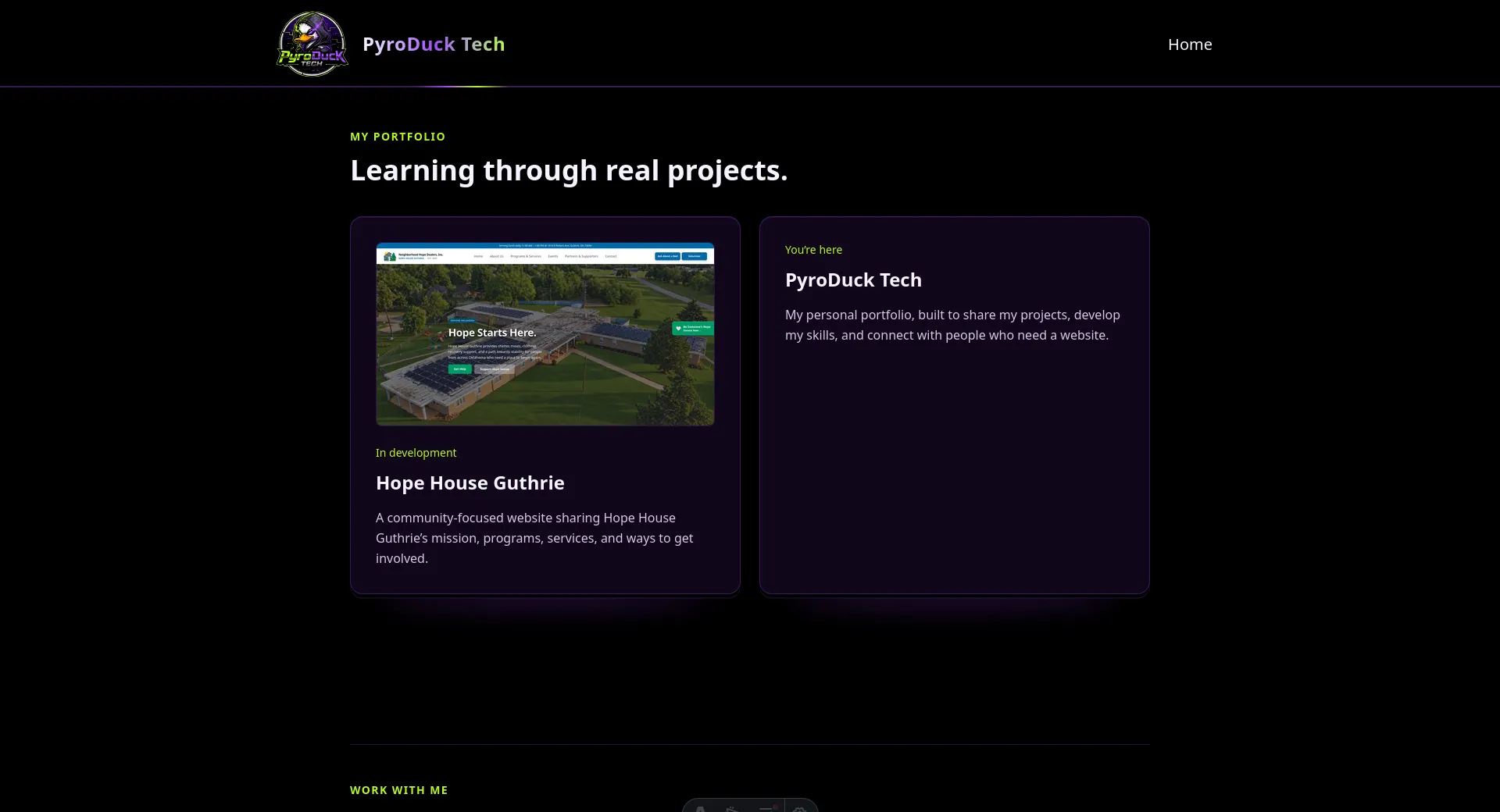 PyroDuck Tech portfolio section displaying project cards.