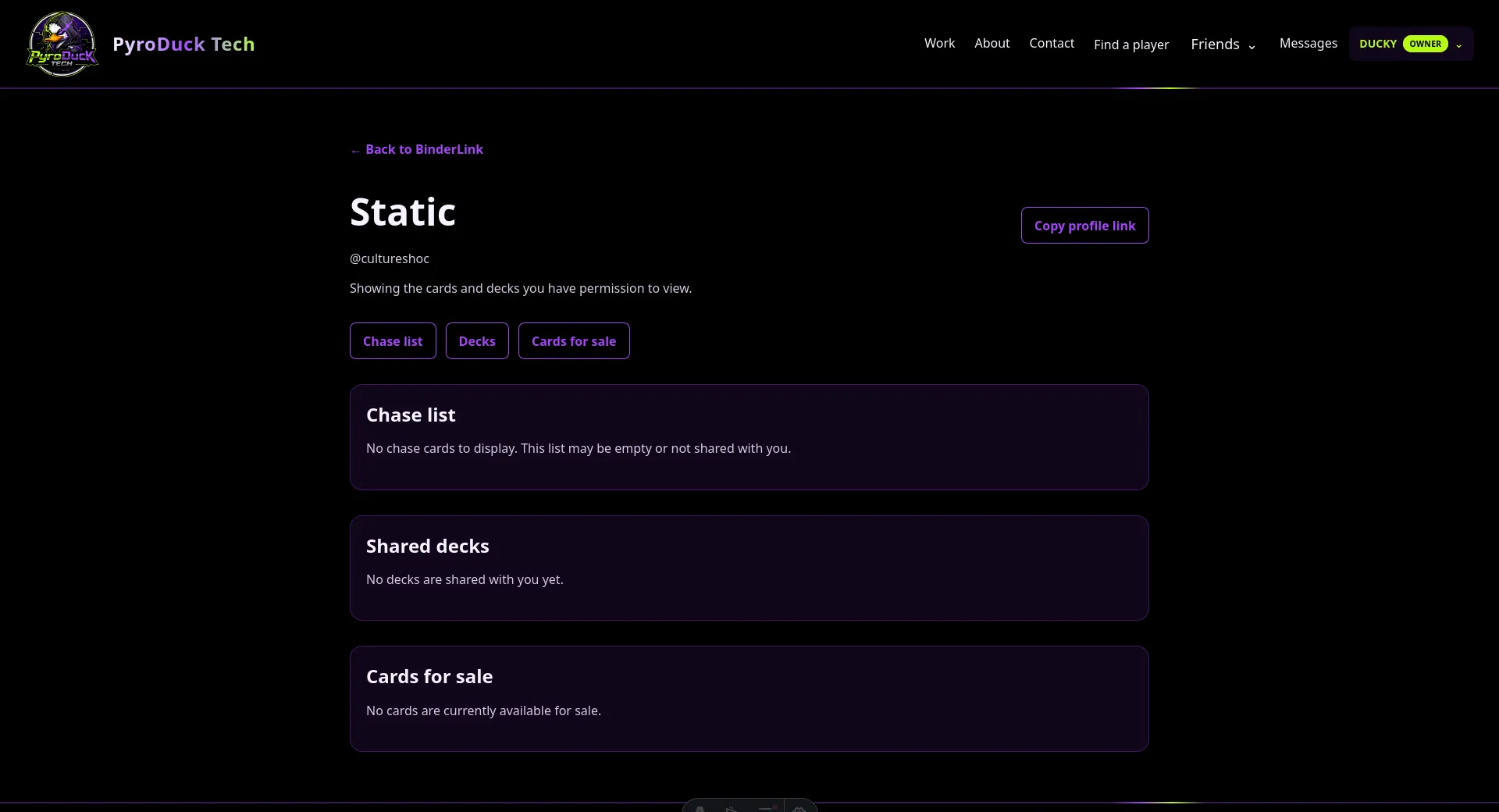 BinderLink player profile with sections for chase cards, shared decks, and cards for sale.
